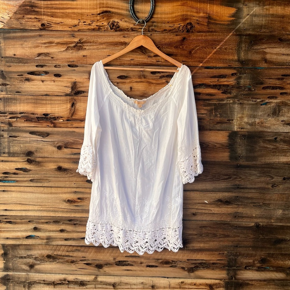KYRA | White Lace Off Shoulder Trim Tunic Blouse L